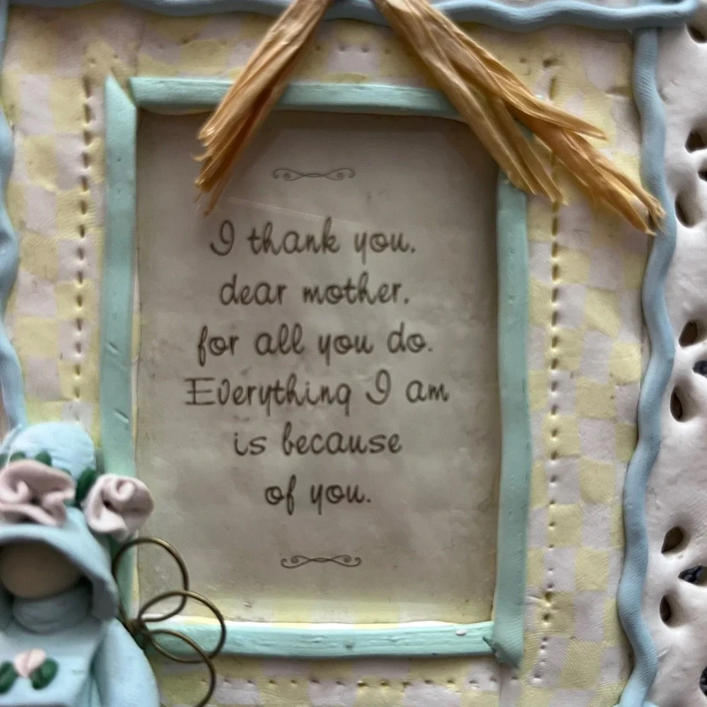 Vintage Mother Angel Picture Frame Blue Yellow Gingham Scalloped Cottagecore